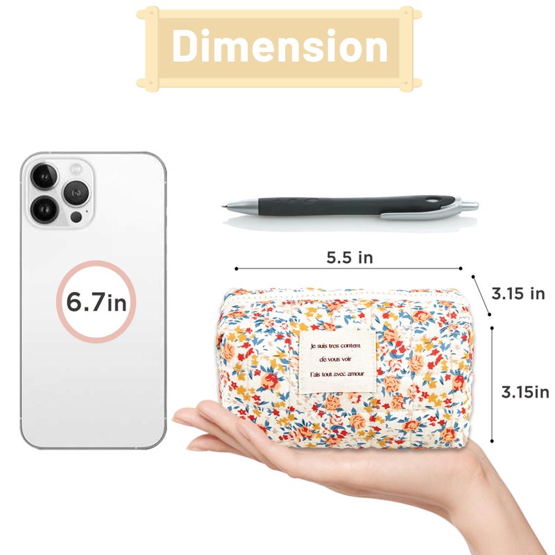 Sminra Floral Small Makeup Bag  Cute Cotton Quilted Cosmetic Bag Pouch Organizer  Aesthetic Coquette Preppy Portable Purse Toiletry Bag for Women Girls Travel accessoriess (Red Floral-S) - Image 3